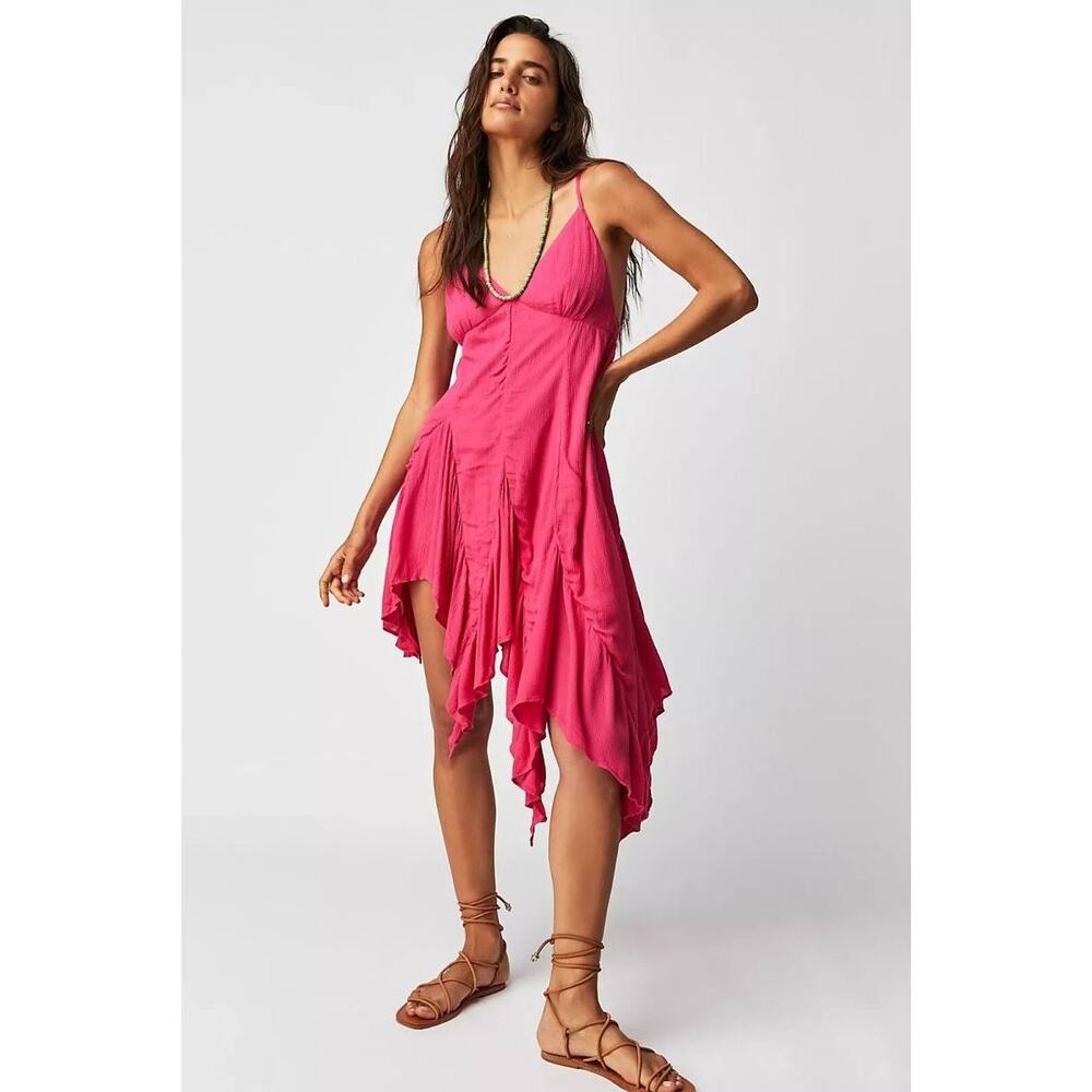 Free People Hot Pink Asymmetrical Handkerchief Hem Dress